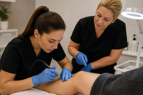 Electrolysis vs laser hair removal, tutor supervising a student during hands-on training