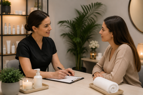 Piercing course Ireland, therapist consulting with a client before treatment