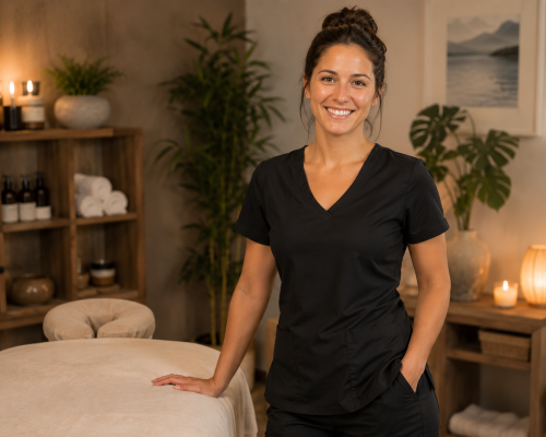 Confident massage therapy graduate reflecting swedish massage vs hot stone training standards